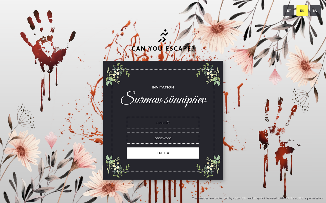 Deadly Birthday login screen with case ID and password fields